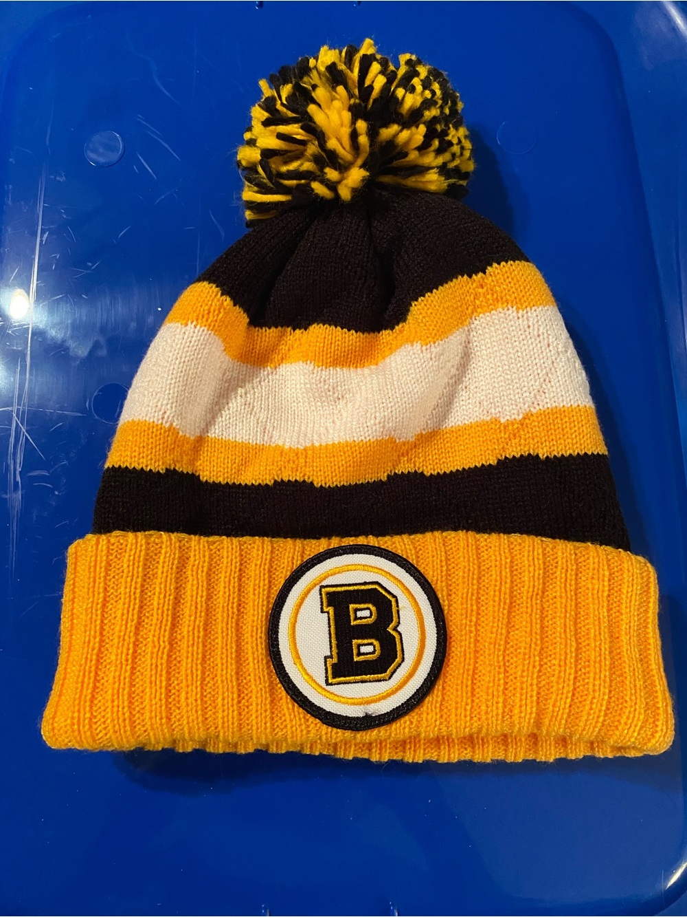 Mitchell & Ness Bruins Black, Yellow & White Striped Pom Beanie